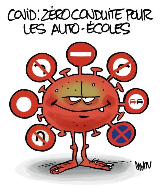 Dessin de presse : Auto-École Vs Covid presse : Auto-École Vs Covid
