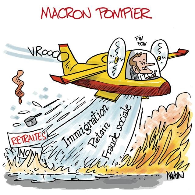 Dessin de presse : Macron pompier presse : Macron pompier