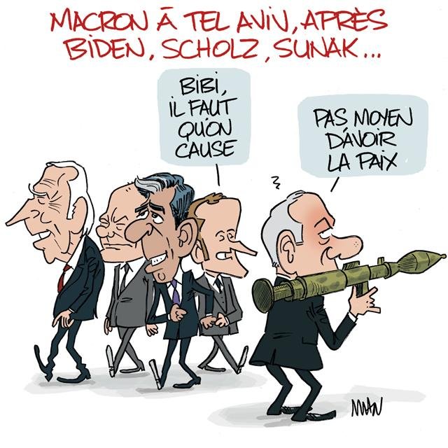 Dessin de presse : Macron à Tel aviv presse : Macron à Tel aviv
